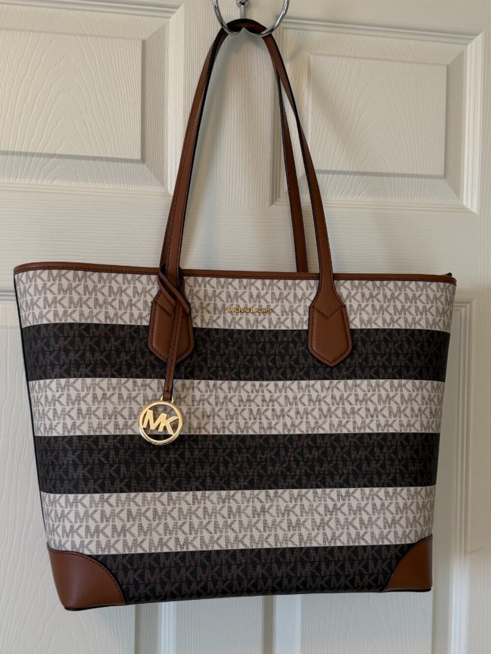 MICHAEL KORS Eva Large Striped Signature Logo Tote Bag